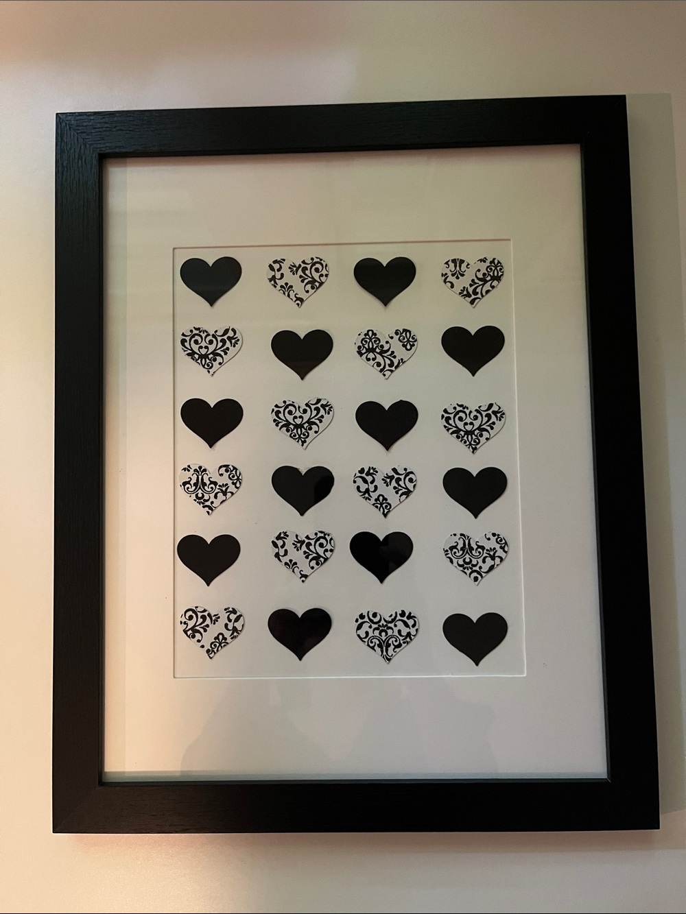 🖤✨ Framed Black & White Damask Heart Artwork – Black Frame with White Mat